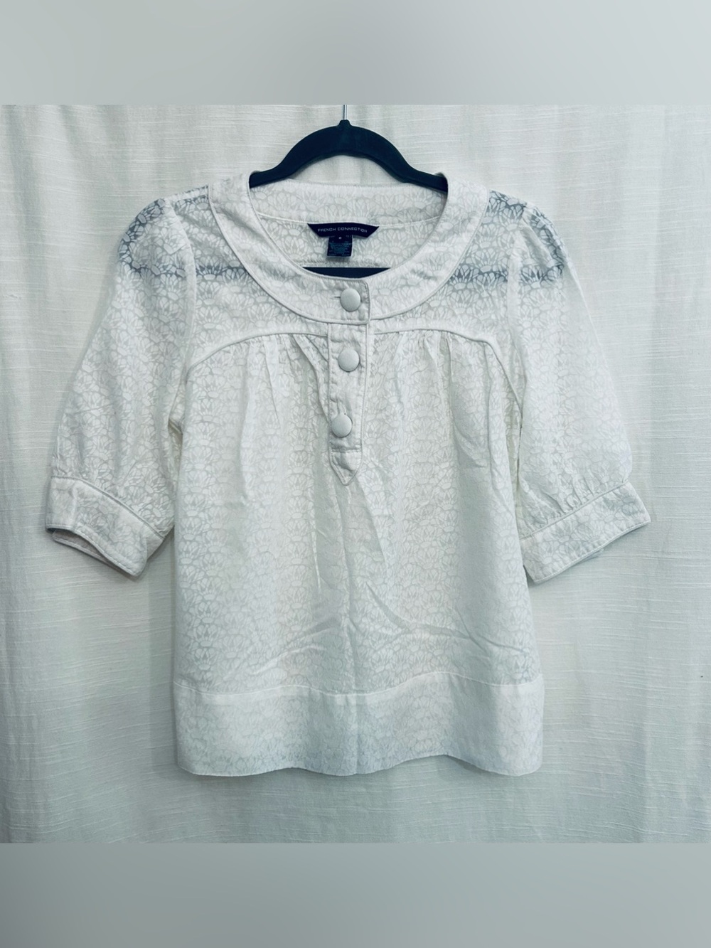 French Connection White Lace-Textured Women's Top with Yoke and Covered Buttons - Picture 2 of 8